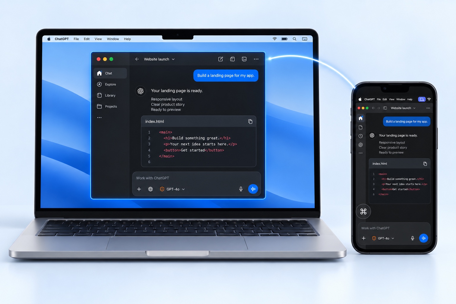 Illustration: ChatGPT running on a Mac connects to a phone, where the same desktop app fills a portrait workspace with its menu bar, sidebar, conversation, and composer.
