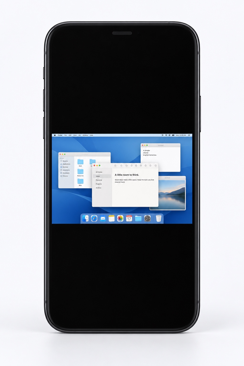 Illustration of a phone showing a complete desktop shrunk into a narrow strip, with tiny text, overlapping windows, a menu bar, and a dock.